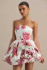 Adira | Cream Floral Print Bandeau Puffball Mini Dress With Ruffle Detail